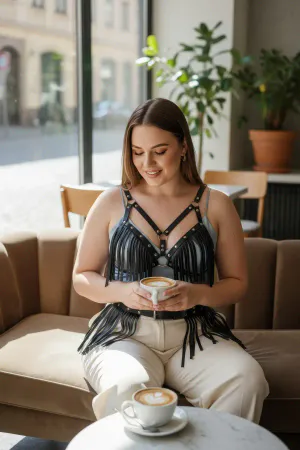 Büyük Beden Siyah Kadın Kemer Püskül Detaylı Deri Kombin Aksesuar - APFT440