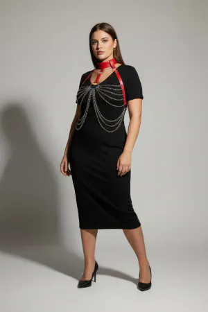 Red Faux Leather Chain Body Harness with Choker Detail on a model wearing a black dress