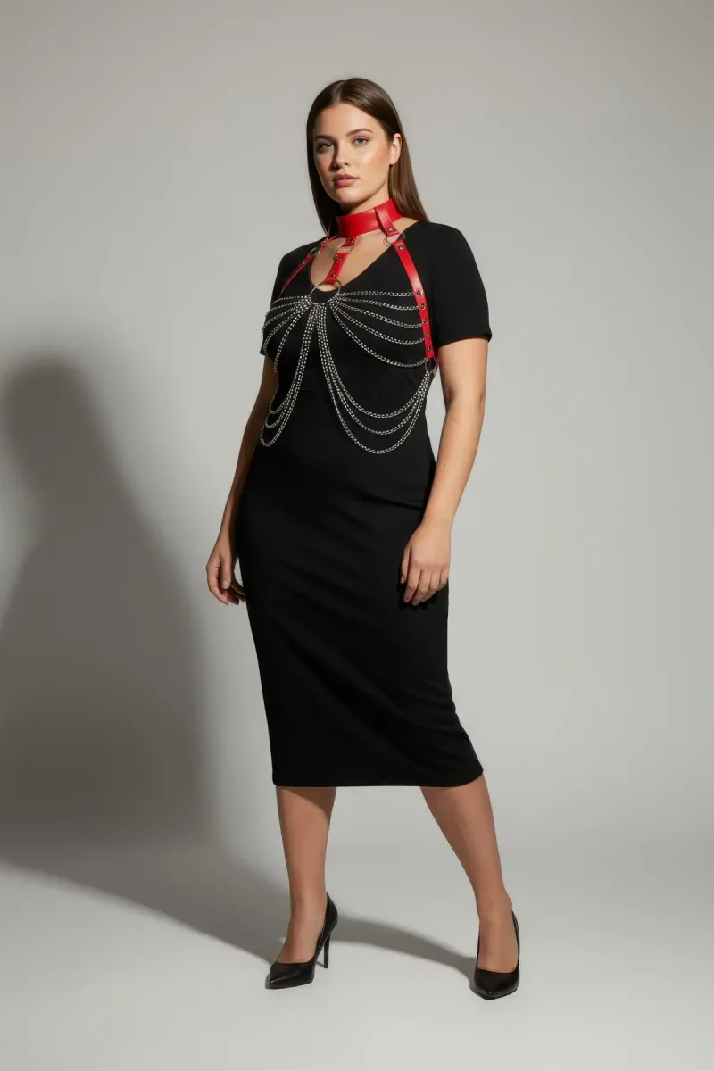 Red Faux Leather Chain Body Harness with Choker Detail on a model wearing a black dress