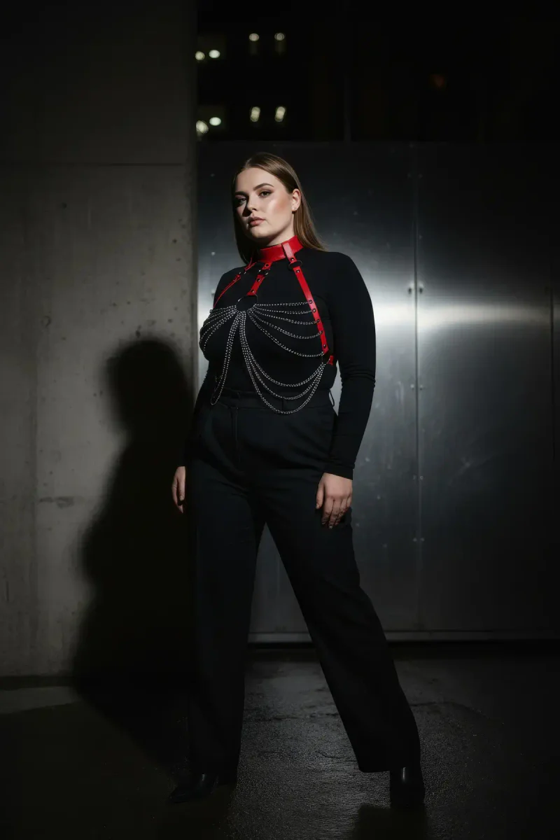 Red Chain Harness Front View on model