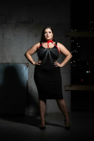 Red Faux Leather Chain Body Harness with Choker Detail on a model wearing a black dress