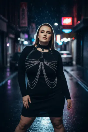 Black Faux Leather Chain Body Harness with Choker and Silver Chains