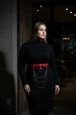 Red Faux Leather Waist Harness Belt Women Silver O-Ring Chains