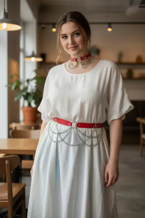 Red Faux Leather Waist Belt with Silver Chain Drapes on a plus-size model