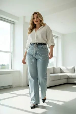 Black Faux Leather Belt with Layered Silver Chain Waist Harness