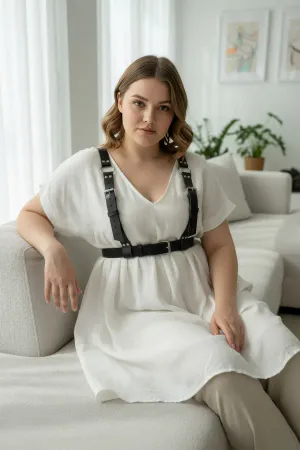 Black Faux Leather Multi-Buckle Chest Harness Vest over White Shirt