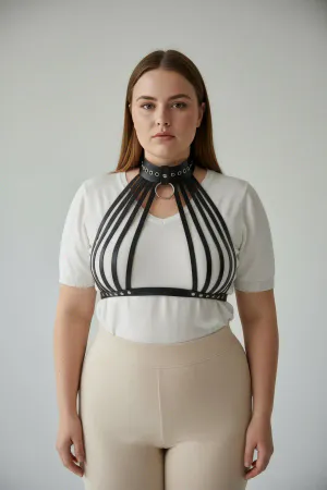 Black Faux Leather Caged Chest Harness with Studded Choker O-Ring