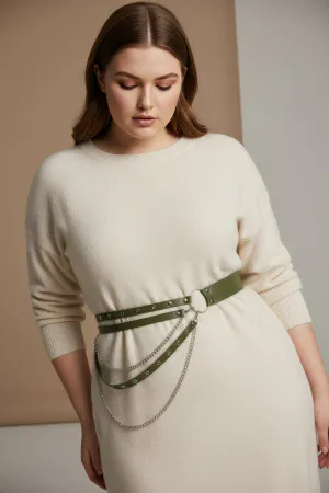 Khaki Faux Leather Waist Harness Draped Silver Chains Worn Over Sweater