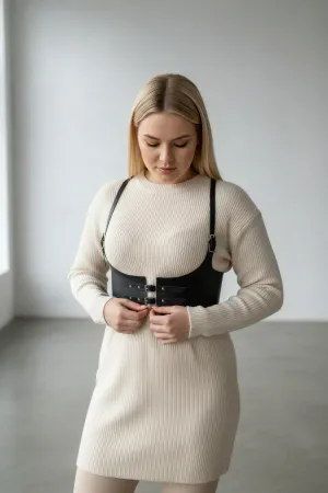 Black Faux Leather Underbust Harness Wide Straps Adjustable Over Cream Sweater