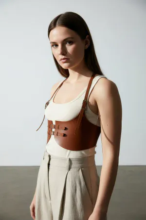 Tan Faux Leather Underbust Corset Harness Top with Adjustable Buckles