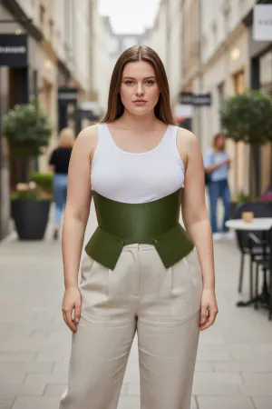 Khaki Faux Leather Corset Belt with Peplum Waist Detail worn by a woman in a fashion alley