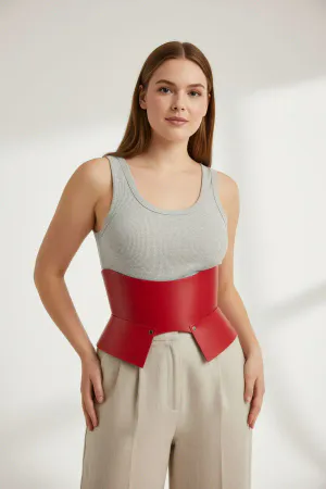 Claret Red Faux Leather Waist Cincher Front Studs Fashion Accessory