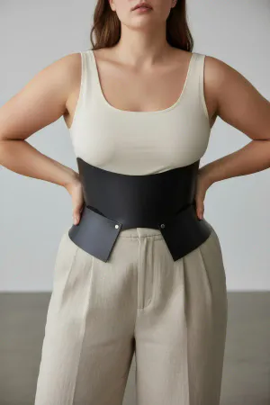 Black Faux Leather Wide Waist Cincher Belt for Women, V-shape front