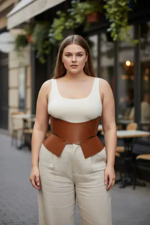 Tan Faux Leather Waspie Waist Cinch Belt Women Structured