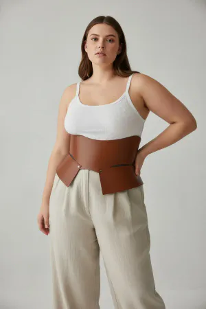 Tan Faux Leather Waspie Waist Cinch Belt Women Structured