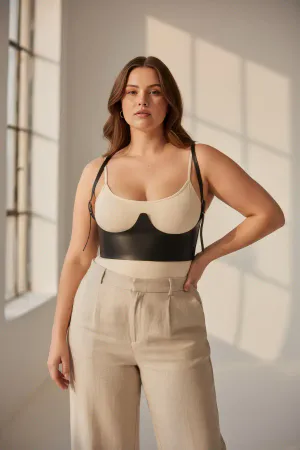 Büyük Beden Siyah Kadın Kemer Omuz Askılı Deri Korse Tasarım - APFT614