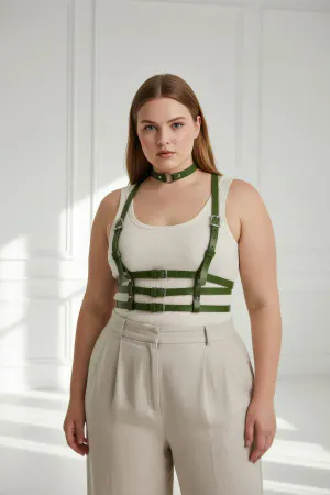 Olive Green Faux Leather Chest Harness Women Plus Size with Matching Choker