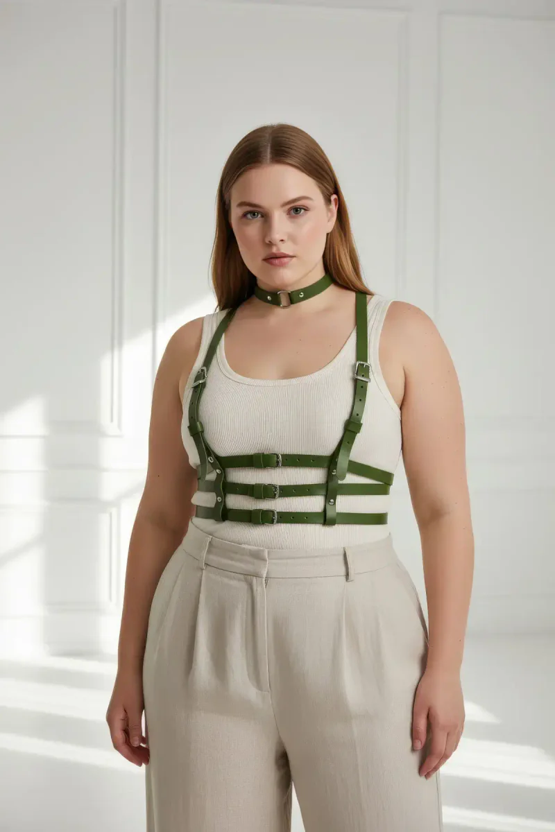 Khaki Vegan Leather Body Harness Side Profile