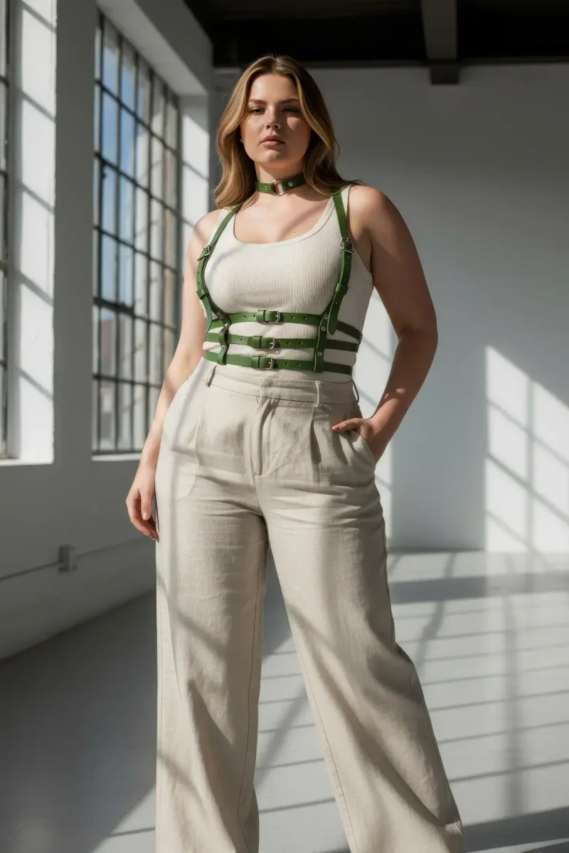Plus Size Body Harness olive green faux