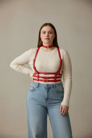 Büyük Beden Kırmızı Kadın Kemer Deri Harness Korse Görünümlü Vücut Aksesuarı - APFT615