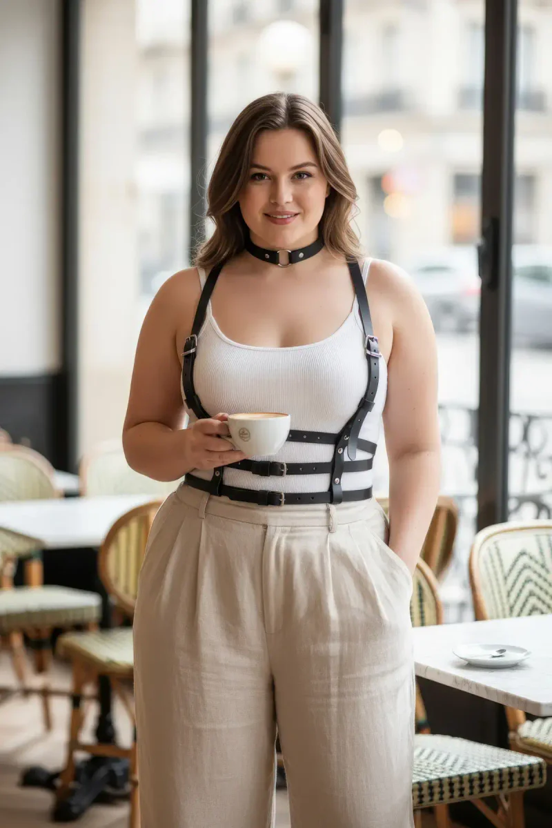 Black Multi-Strap Faux Leather Body Harness with Choker Set over White Top