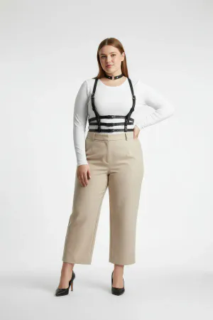 Black Multi-Strap Faux Leather Body Harness with Choker Set over White Top