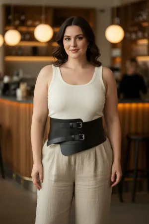 Black Faux Leather Waspie Belt with Asymmetric Panel and Double Buckles on model