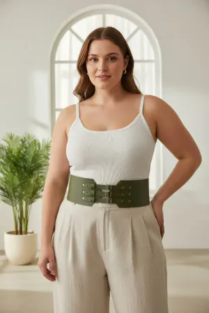 Olive Green Wide Waist Harness Belt Vegan Leather Triple Buckle