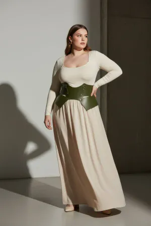 Büyük Beden Haki Kadın Kemer Korse Görünümlü Kalın Deri - APFT619