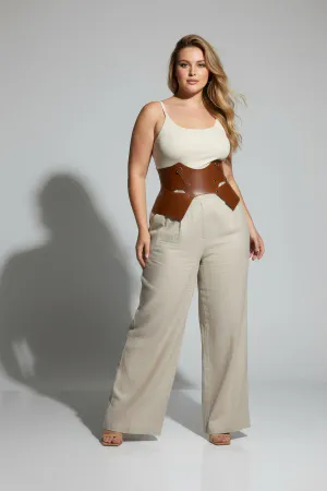 Tan Vegan Leather Underbust Waist Cinch Harness with Detachable Hip Panels on model