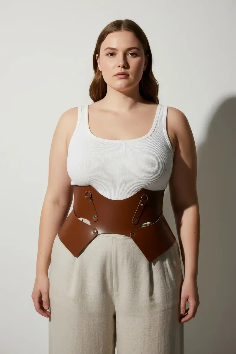 Tan underbust harness with hip panels worn