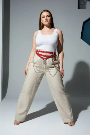 Büyük Beden Kırmızı Kadın Kemer Çoklu Kayışlı Zincir ve Halka Detaylı - APFT621