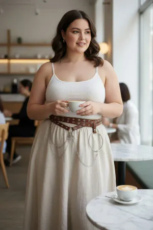 Brown Faux Leather Waist Harness with Draped Chains and O-Ring worn over a cream dress