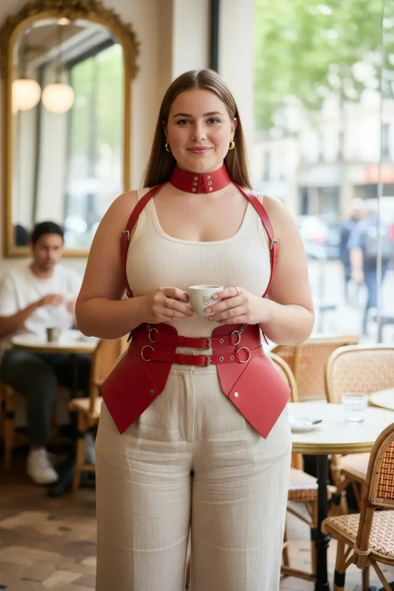 Red Faux Leather Corset Waist Cinch Harness & Choker Set on model