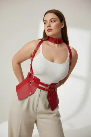 Red Faux Leather Corset Waist Cinch Harness & Choker Set on model