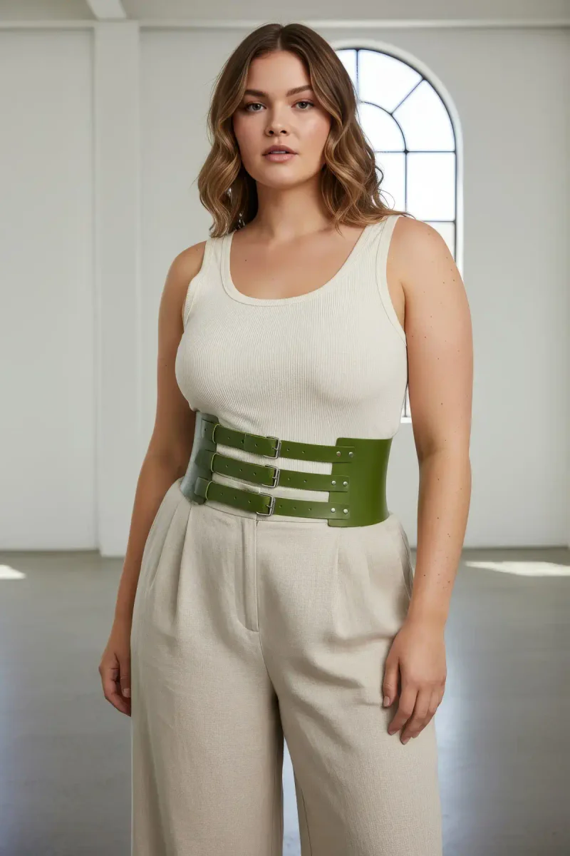 Vegan Leather Waspie Belt Front View Triple