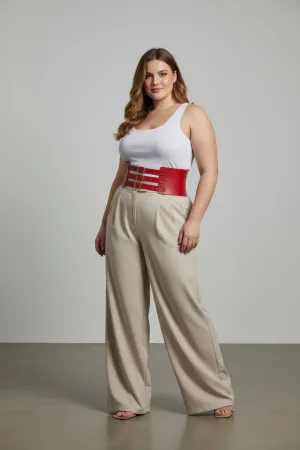 Red Faux Leather Wide Waist Harness with Three Buckles worn on a model in a cafe