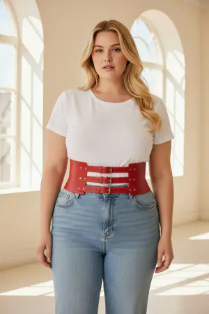 Red Faux Leather Wide Waist Harness with Three Buckles worn on a model in a cafe