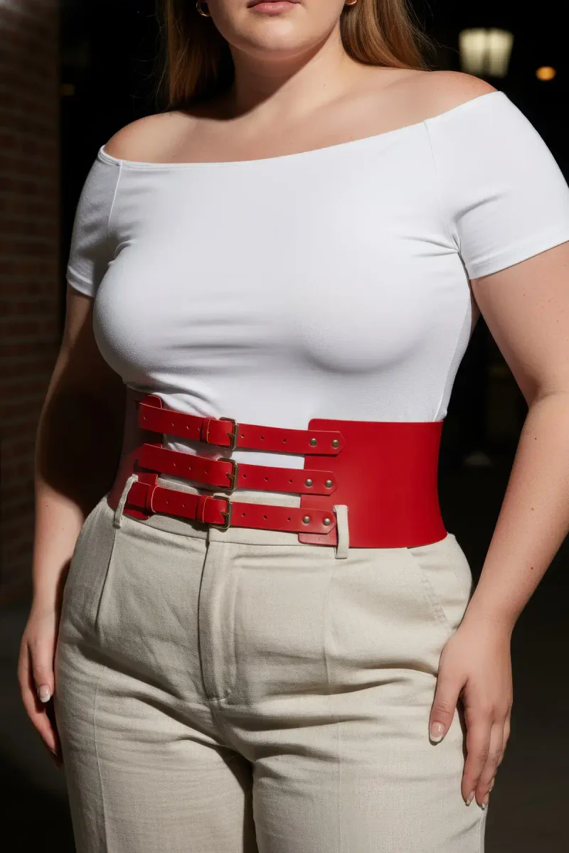 Red faux leather wide waist harness worn by