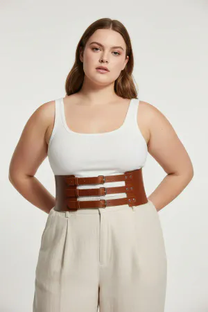Tan Vegan Leather Three-Buckle Wide Waist Cinch Harness Belt Worn Over White Top