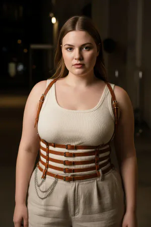 Büyük Beden Taba Kadın Kemer Zincir Detaylı Korse Tarzı Deri Harness - APFT626