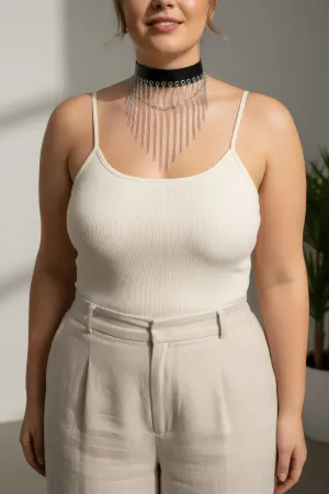 Black Faux Leather Choker Harness with Draped Silver Chain Fringe