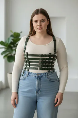 Dark Olive Green Vegan Leather Caged Waist Harness Plus Size Model