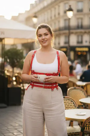 Red Faux Leather Multi-Strap Body Harness, worn over a white tank top with beige pants