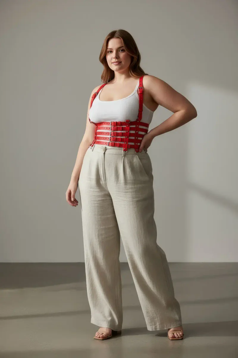 Red Vegan Leather Body Harness Front