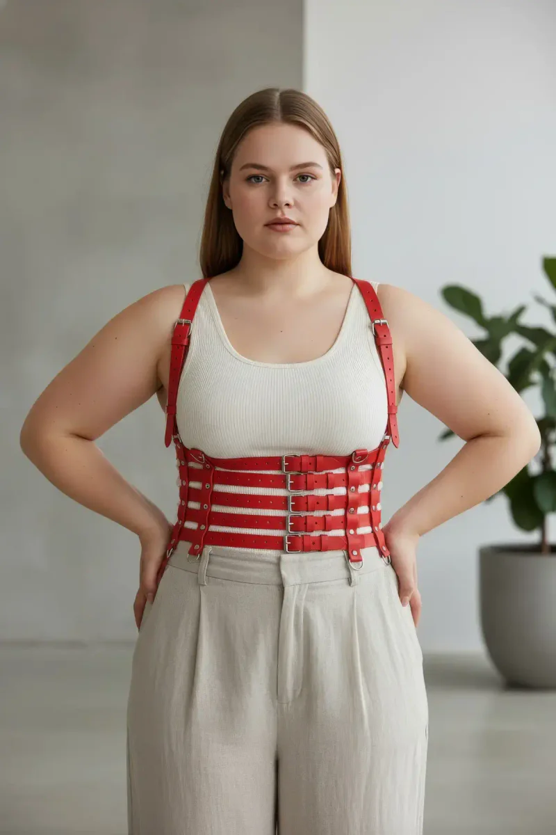 Fashion Body Harness Red on model with