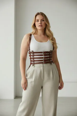 Cognac Faux Leather Multi-Strap Underbust Harness Top Worn View