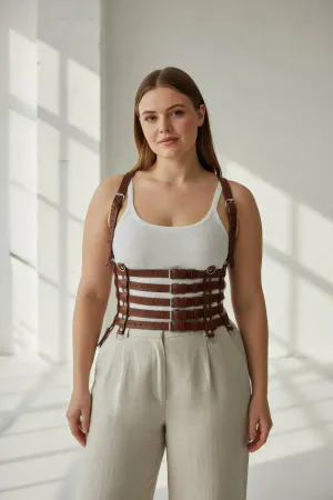 Cognac Faux Leather Multi-Strap Underbust Harness Top Worn View