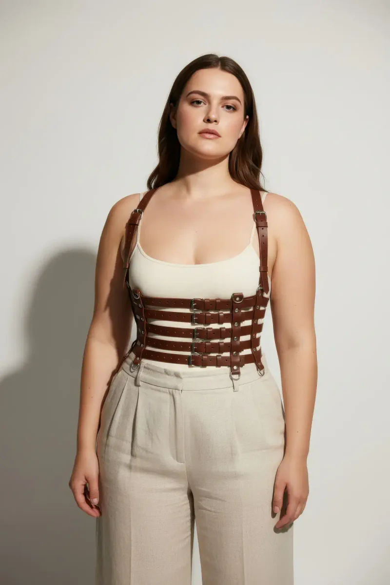 Fashion Harness Top Cognac worn over a