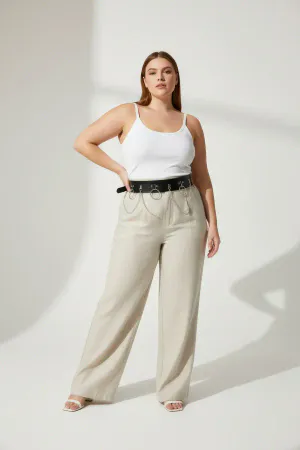 Black Faux Leather Harness Belt with Silver O-Rings and Draped Chains on a Plus Size Model